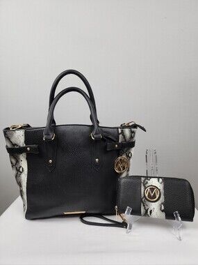 MKF Mia K Collection Bag And Matching Wallet - Black And White Snake Skin